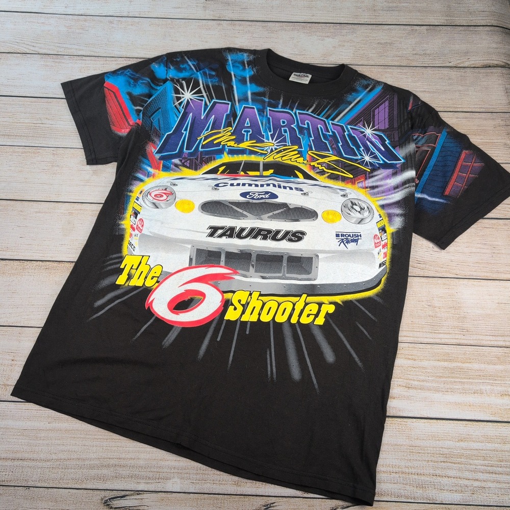 Vintage 1999 Mark Martin NASCAR T-Shirt Tultex XL 6 Shooter Valvoline Ford AOP